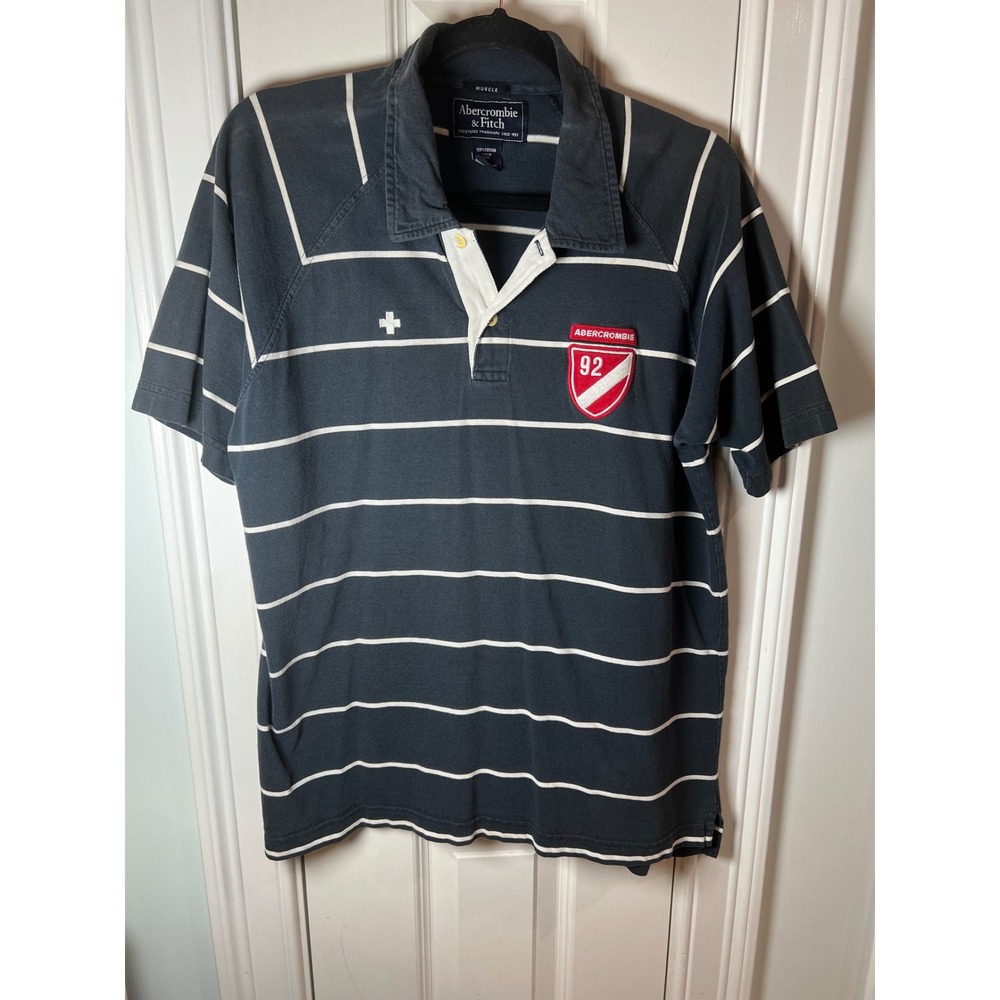 Vintage 90s Abercrombie & Fitch Mens Navy Striped Muscle Polo Shirt Large